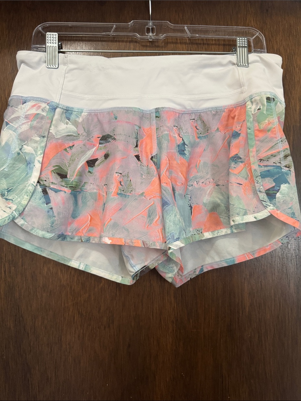 Lululemon White Waistband Shorts with Coral and Aqua Brushstroke Print